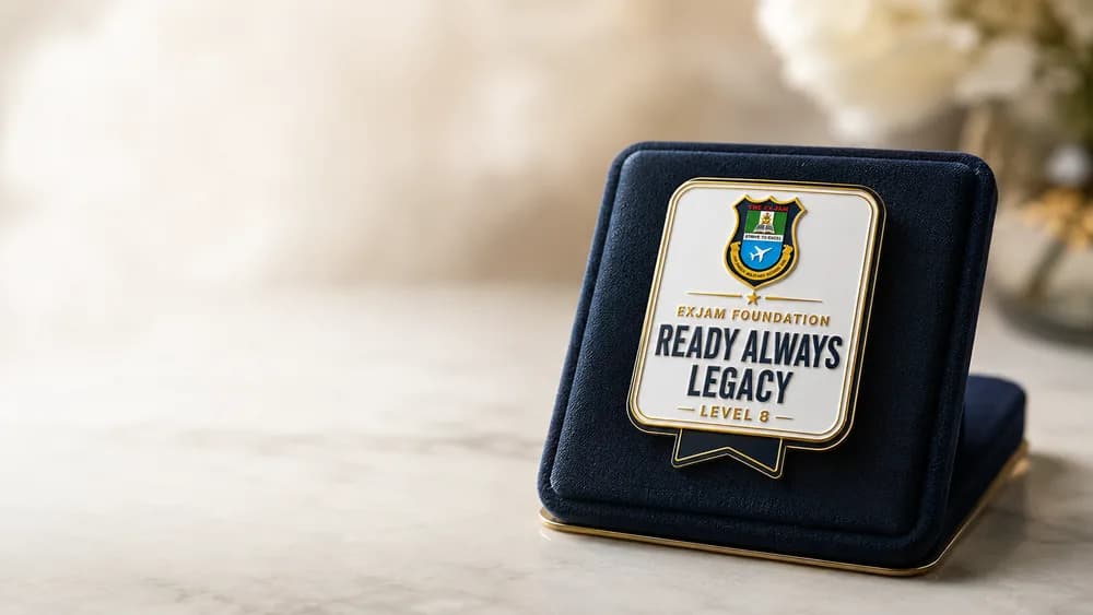 Ready Always Legacy Level 8 donor badge on a presentation case.